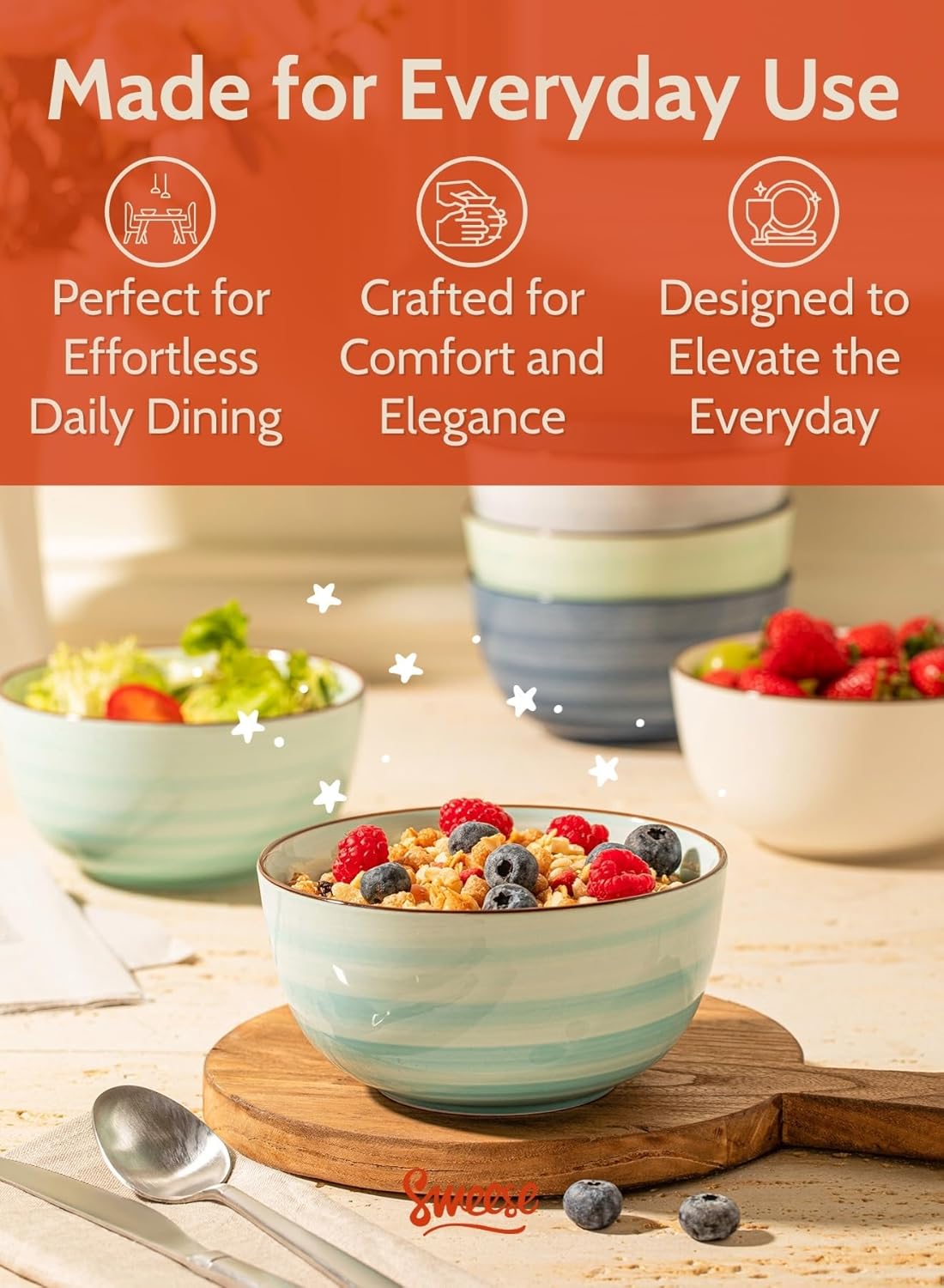 Sweese 20 Oz Porcelain Cereal Bowls - Set of 6, Multicolor, Lead-Free, for Soup, Salad, Rice Snacks, Kitchen Decor - Image 4