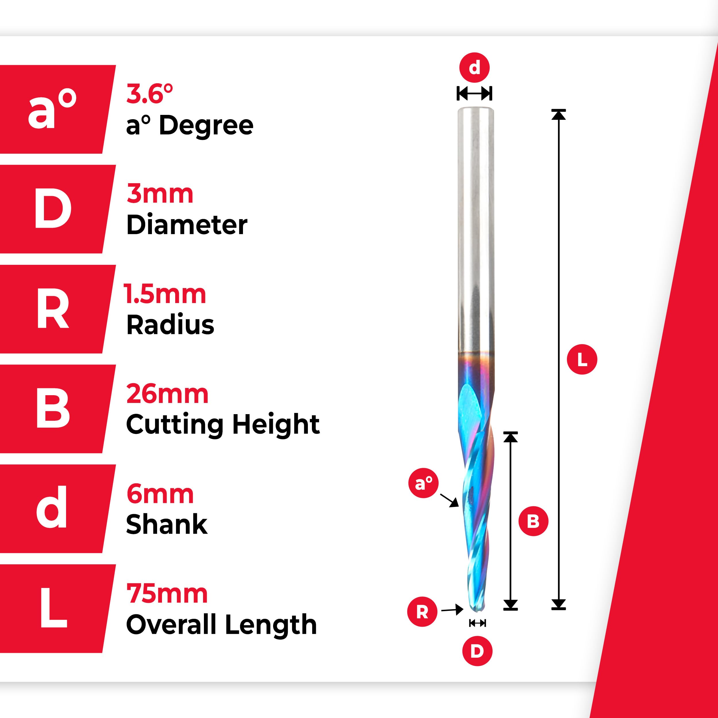 Amana Tool 46286-K-M CNC Spektra Extreme Tool Life Coated SC 2D y 3D Talla 3.6 grados Ángulo cónico nariz de bola x 3 mm D x 1.5 mm R x 26 mm CH x 6 mm SHK x 75 mm Largo x 3 flautas Router Bit