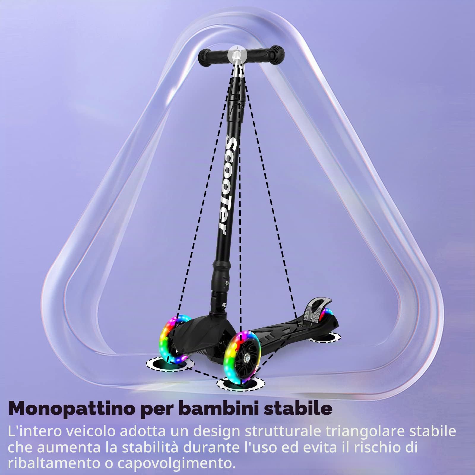 Sonnewelt Monopattino pieghevole per bambini, con 3 ruote a LED e manubrio regolabile in altezza, freni posteriori, fino a 50 kg, per scooter bambini dai 3 ai 14 anni