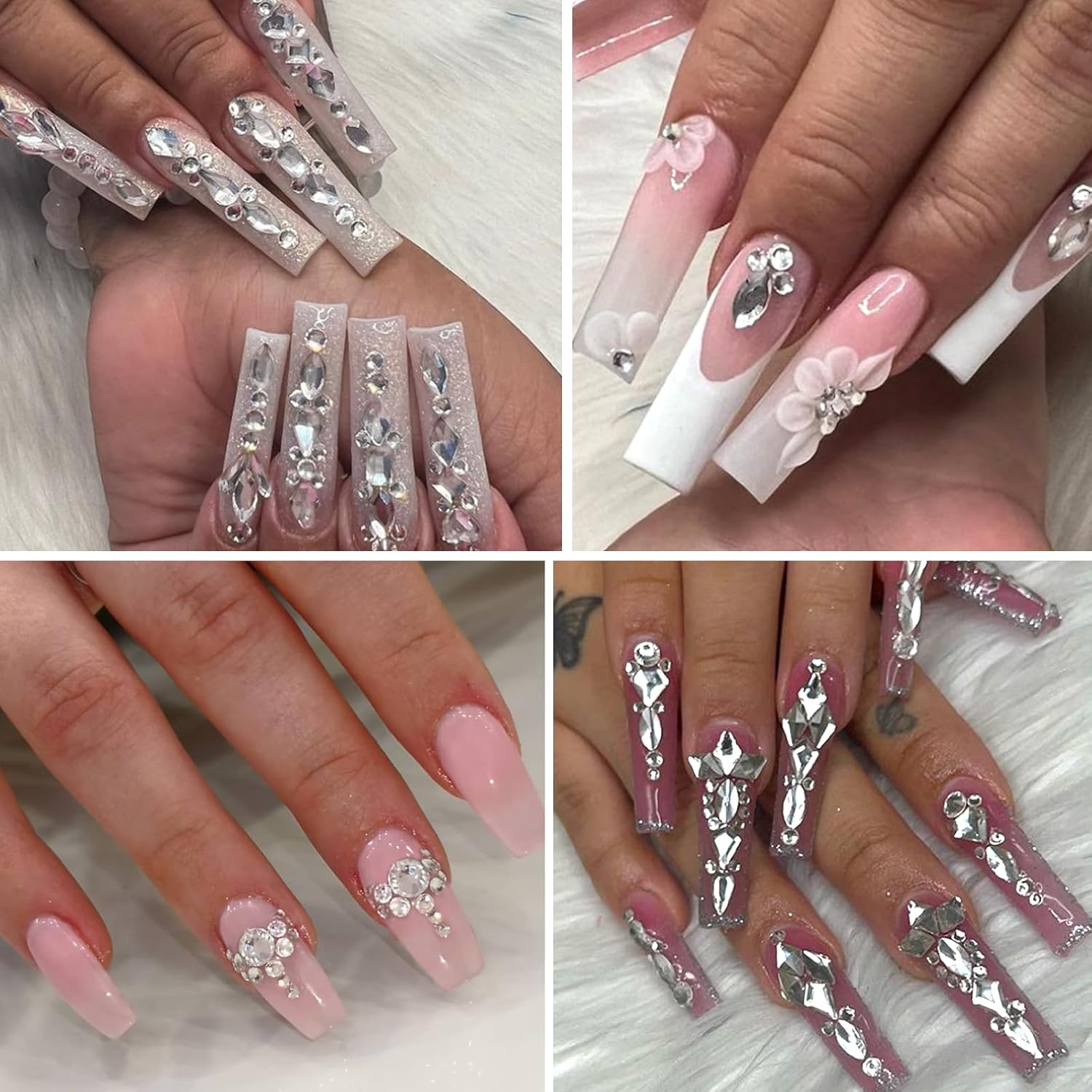 White Nail Rhinestones - 3D Multiple Shape Size Gems, Manicure Beads, Pearls, Flatback Crystals Rhinestones, with Kit, for Nail Art Decor