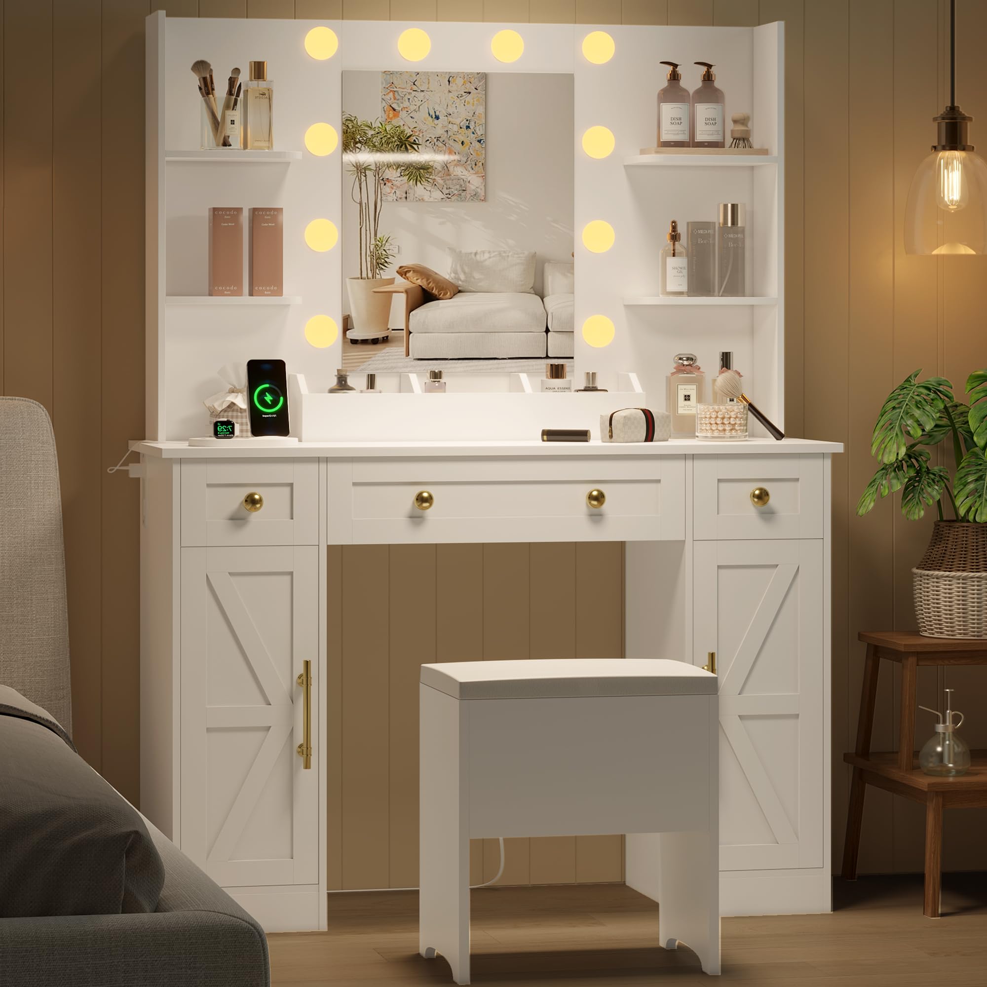 Vanity Makeup Desk with Mirror and Lights, White Farmhouse Vanity Table Set with Storage Drawers, Charging Station & Chair, 43