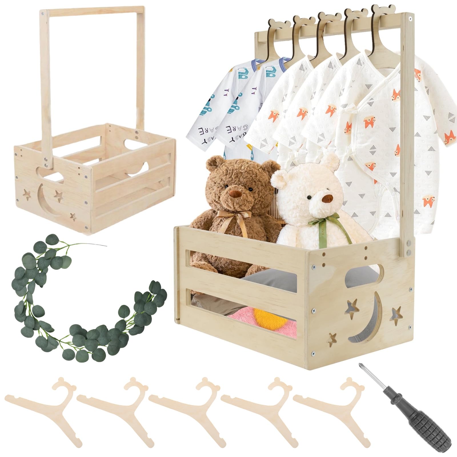 Holz Baby Geschenk Korb - Holz Babyparty Kiste Schrank mit Griff 10 Kleiderbügel und 1 Dekorationskranz, Mehrzweck Babyparty Geschenkkorb für Geburtstage Weihnachten Neue Eltern (Sterne und Mond)