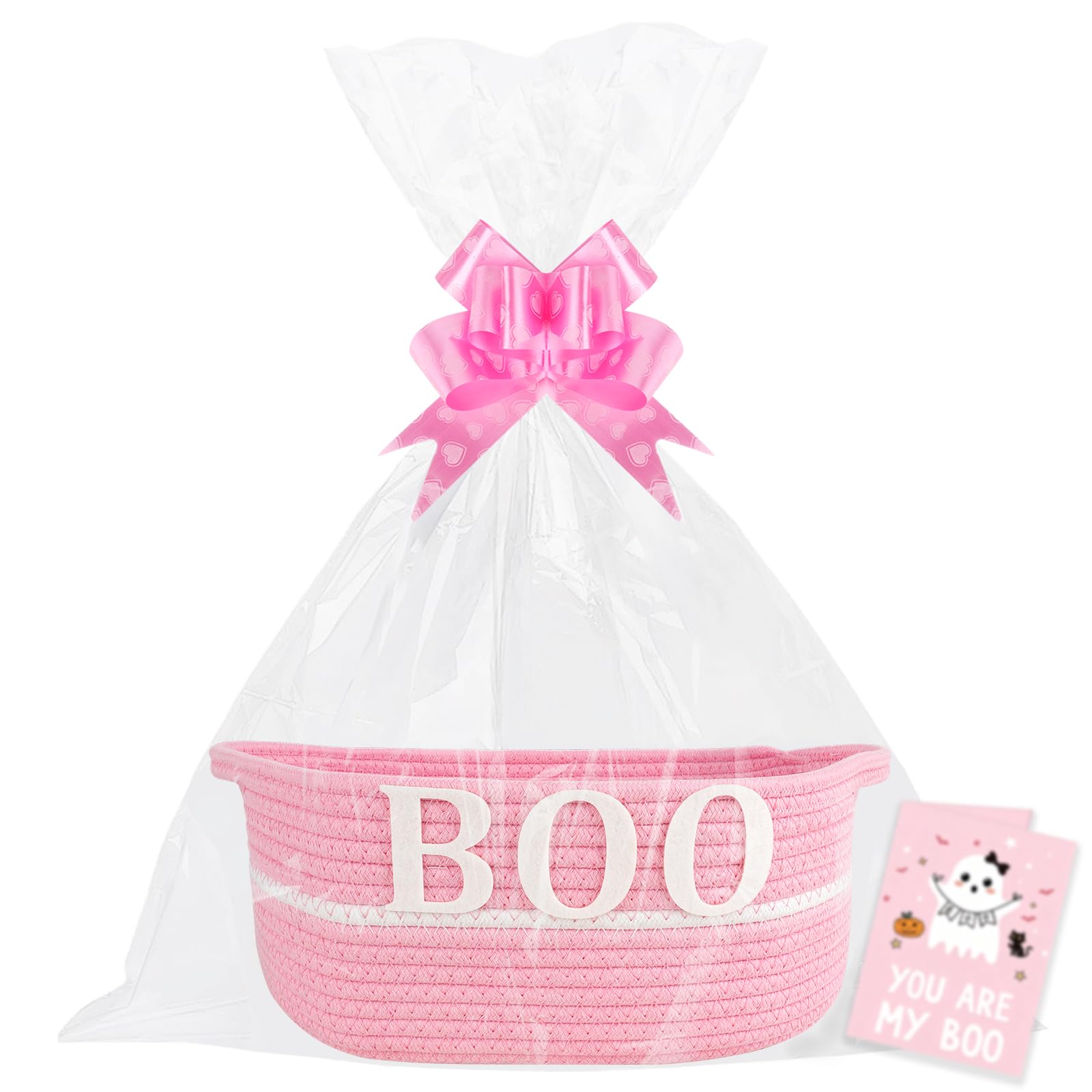 Lotvic Halloween Boo Gift Basket, Empty Hamper Basket with Cellophane Bags, Pull Bows and Greeting Card, Cotton Rope Boo Gift Baskets with Handles for Halloween Party Favors, Trick or Treat Gift