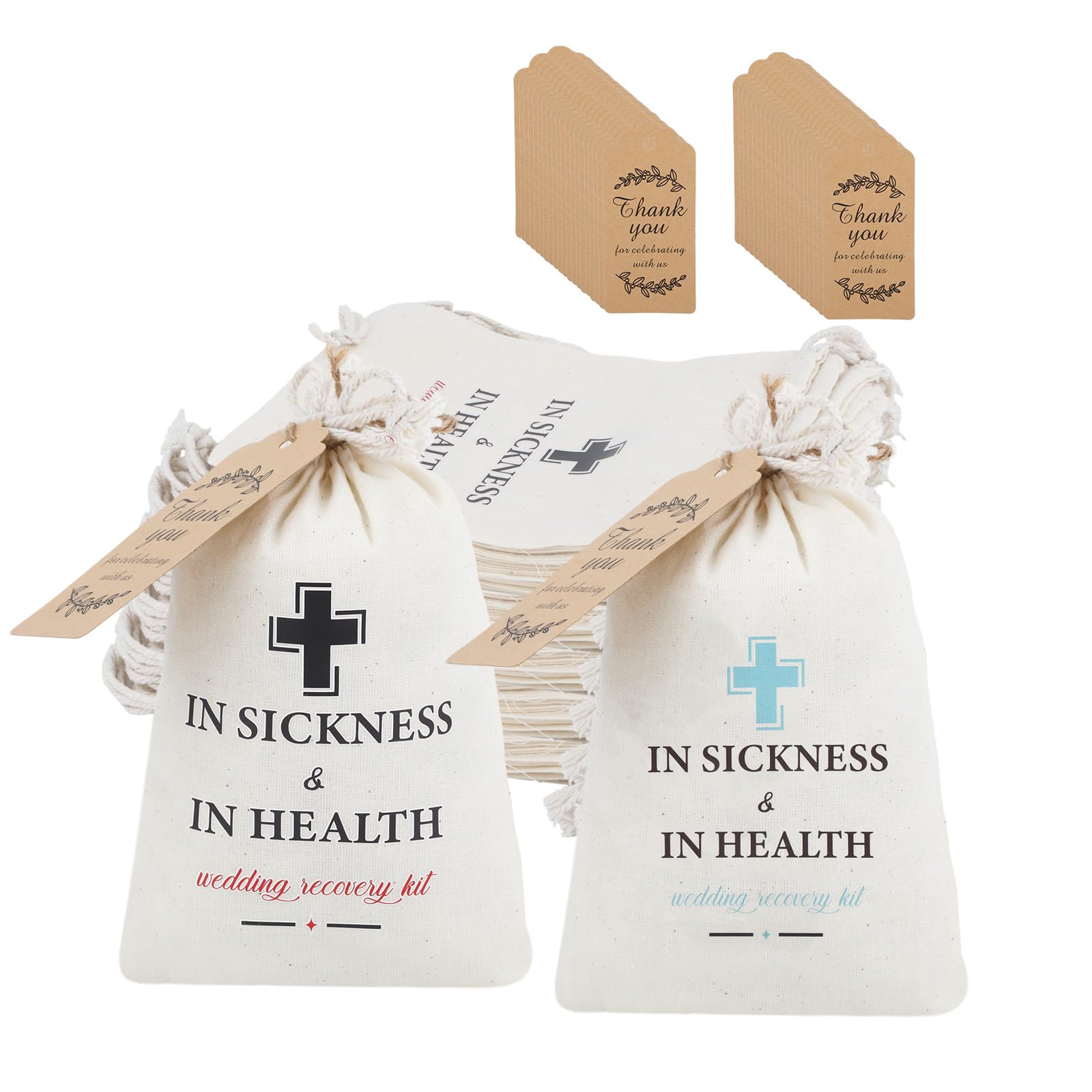 24 Set Hangover Recovery Kit Bags 5'' x 7'' in Sickness and Health Wedding Hangover Survival Kit with Thank You Card and Drawstring for Bachelorette Bridal Shower Wedding Bridesmaid Gifts (Color-A)