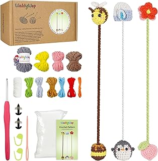 WaldyWop Crochet Kit for Beginners: 3 Animal & Flower Bookmarks Knitting Kits for Girls w/Easy Yarn, Crochet Hook & Easy Video Tutorials - Wobbles Crochet Animal Kit for Kids, Birthday Gifts for Women
