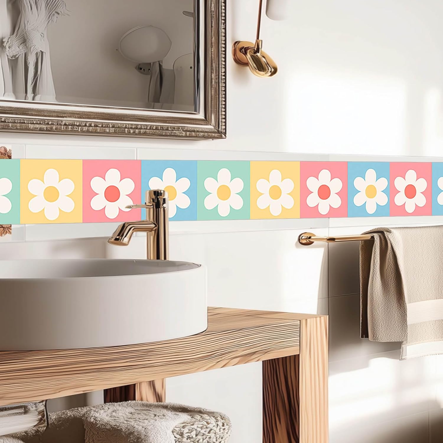 IVN Wallpaper Border Peel and Stick PVC Daisy Design 4x196 Inch for Kids Room Playroom Nursery Wall Accent