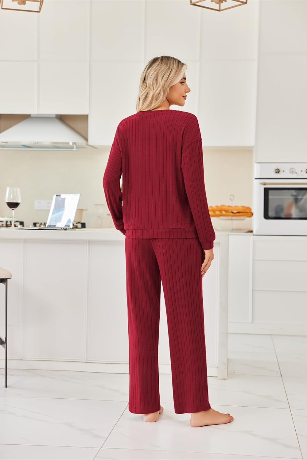 Ekouaer Lounge Sets for Women Ribbed Knit Pajama Sets 2 Piece Long Sleeve Pjs Soft Loungewear Outfits with Pockets - Image 5