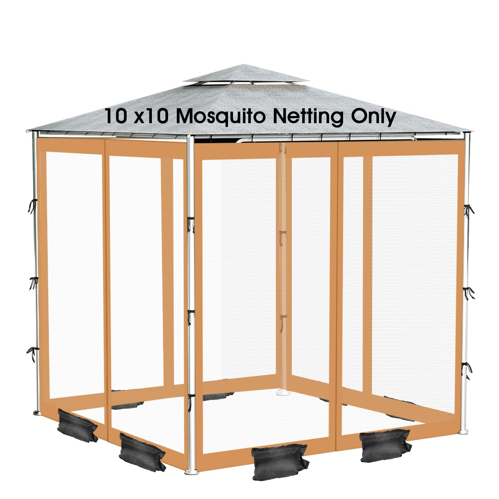 Zanzariera per esterni con cerniera a 2 vie, 4 porte, zanzariera per gazebo 10 x 10 per giardino/patio/padiglione, rete di ricambio per gazebo con 8 sacchi di sabbia, 52 ganci, 12 corde (solo