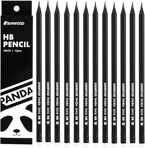 Panda 2B - Lápices escolares de grafito con carcasa de madera negra, paquete de 12, preafilados con borradores sin látex, suministros de oficina