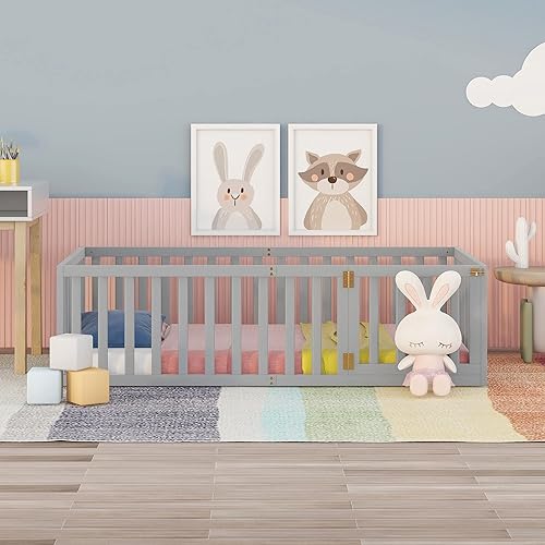 Miniatura 17 de P PURLOVE Cama de suelo de madera tamaño Queen, marco de cama con barandilla en forma de valla y puerta que se puede cerrar para niños y niñas,