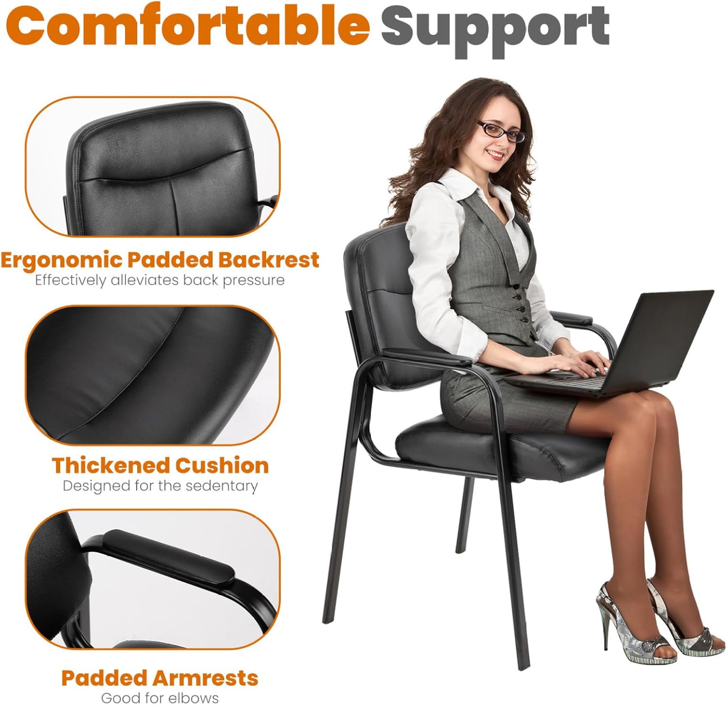 Reception Desk Chairs No Wheels - Black Guest Chairs for Office, Waiting Room, Restaurant, Barber Shop - Classic Armless Design - 22.24" Wide