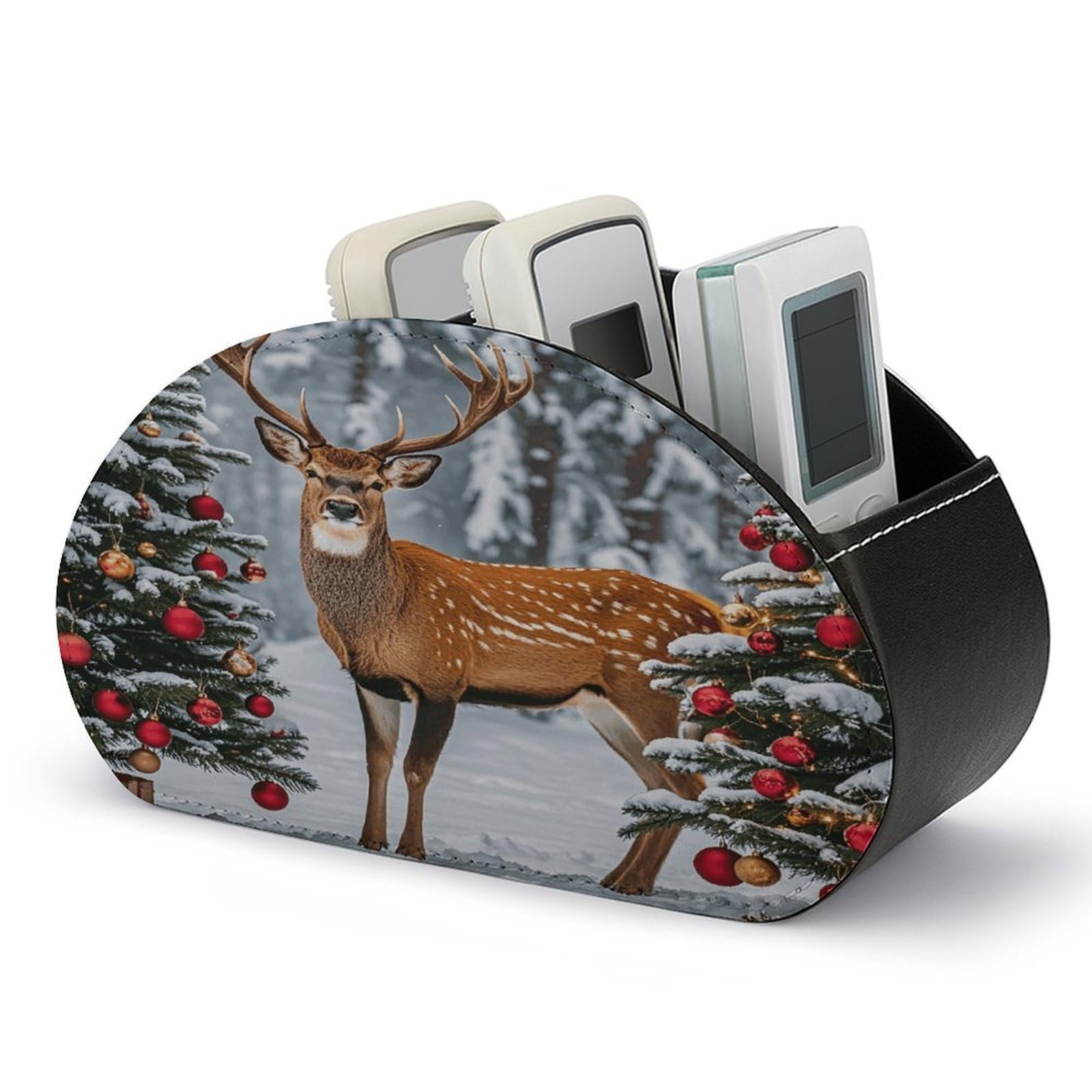 VstaDank Cow Deer Trees Christmas Remote Control Holder with 5 Compartments PU Leather TV Remoter Caddy Desktop Organizer TV Remote Holder Remote Box for Media Controllers Office Supplies
