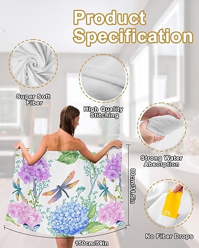 Miniatura 5 de Toalla floral para mujer, toalla ligera de spabaño con cierre ajustable, flor de hortensias azul y morado, libélula de primavera, toalla de secado