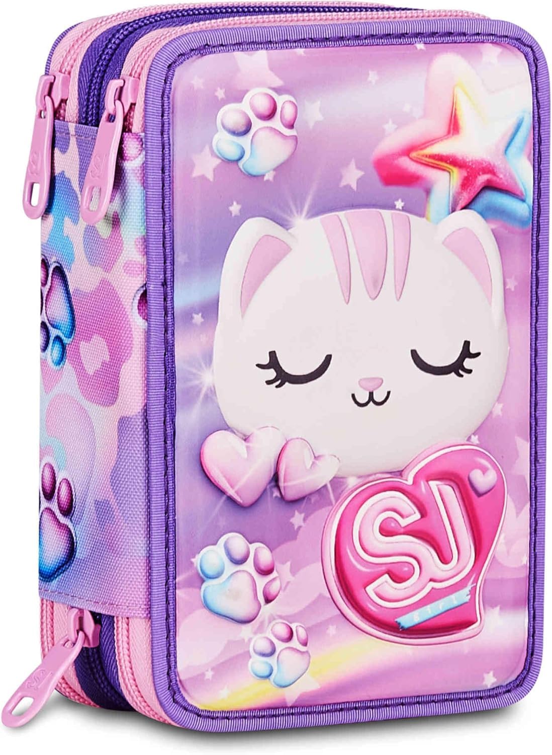 Seven. Schoolpack Zaino Scuola SJ Gang Girl Cat Viola + Astuccio Completo 3 Zip