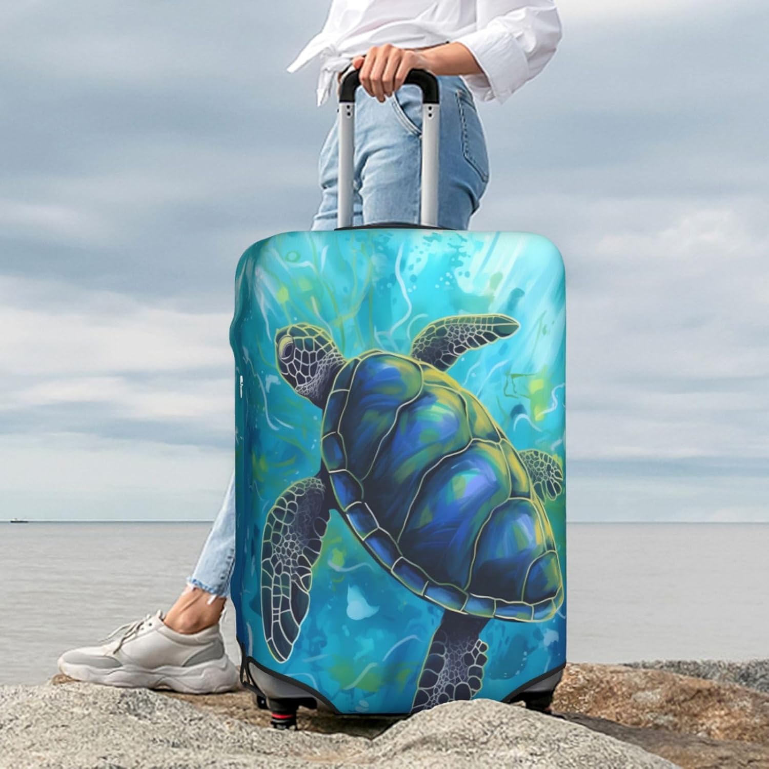 Cartoon Sea Turtle Travel Luggage Suitcase COVER, Washable Suitcase COVERS Elastic, S - Fits 18-21 inch luggage (No Suitcase)