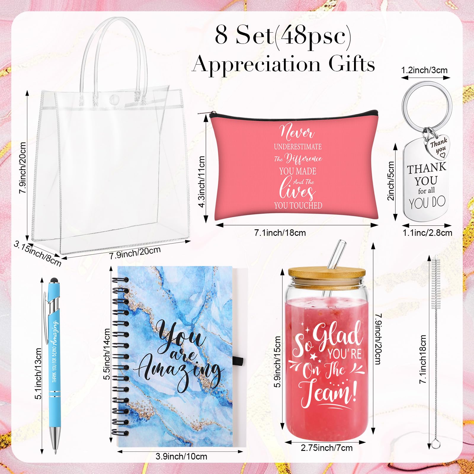 8 Set/48 Pcs Employee Appreciation Gifts Bulk with Gift Bags Colorful Marble Style Notebook Pen 16oz Glasses Cup Makeup Bag Keychain- Women Assistants Secretary Coworker Nurses Team