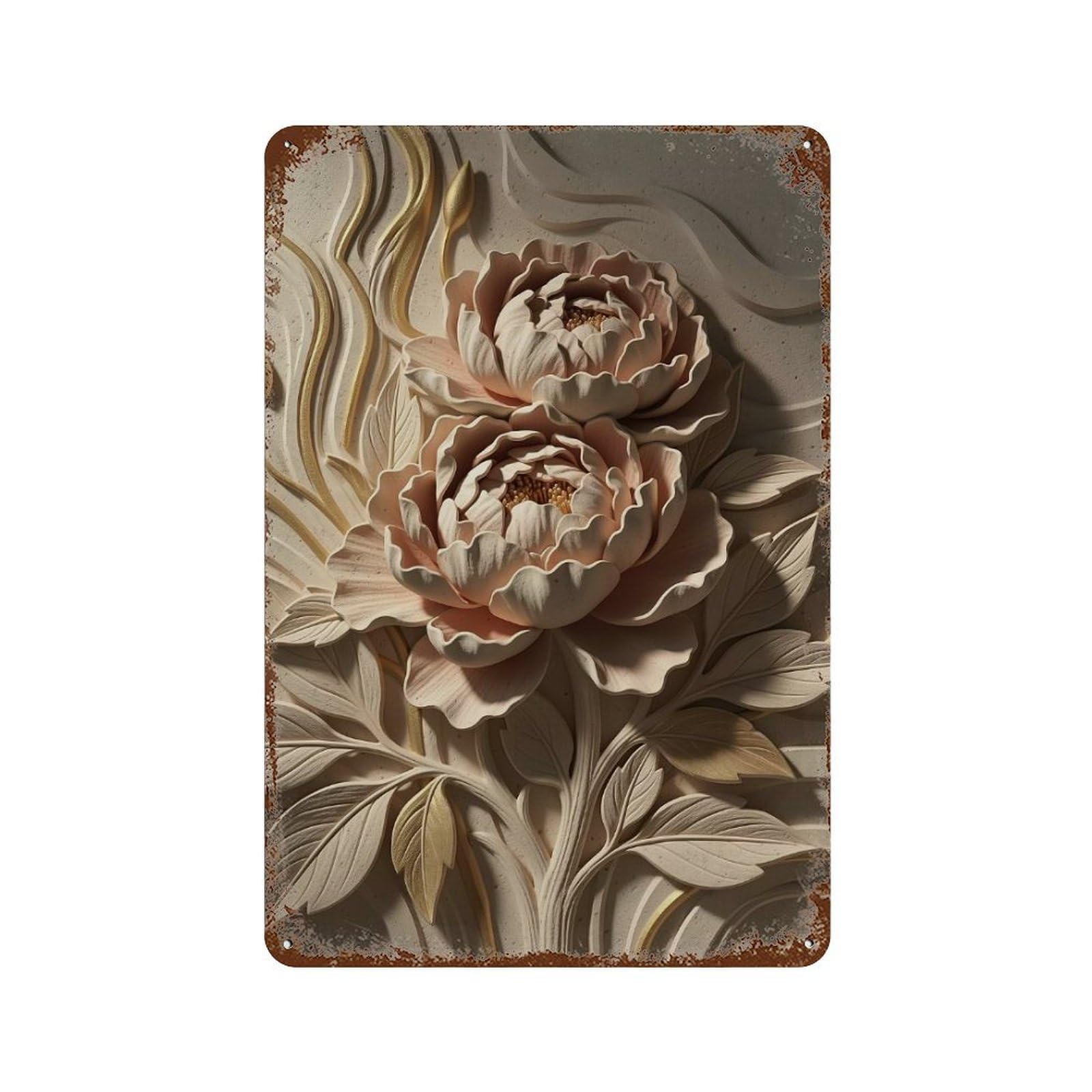 Elegant Floral Relief Sculpture Rust Effect Tin Sign 11.8"x7.9", Retro Wall Decor for Pub, Kitchen And Man Cave Decor