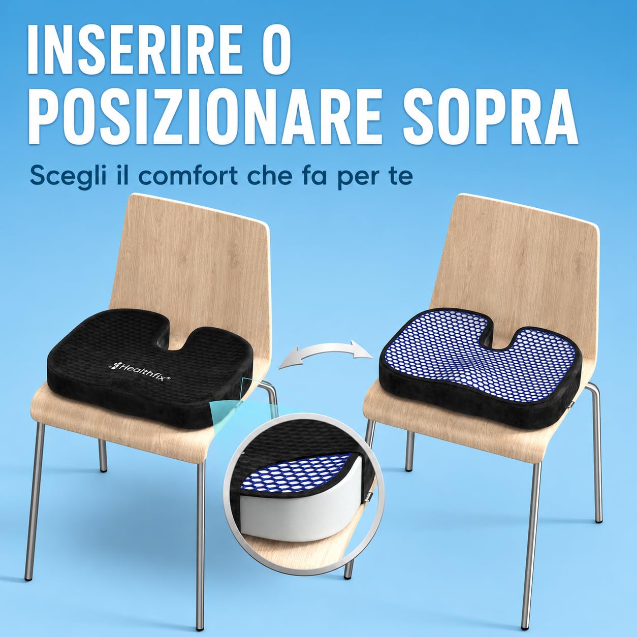 Healthfix Cuscino ortopedico per sedia da ufficio, scarico del coccige, con strato Honeycomb e rivestimento in velluto, ergonomico, per ufficio, auto, casa, 45 x 36 x 7 cm (nero)
