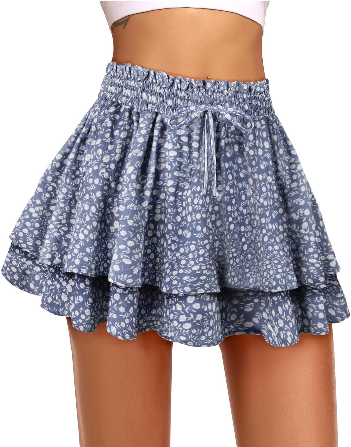 Kimmery Women's Boho Ruffle Skirt Floral Tiered Mini Skirts with Shorts Underneath