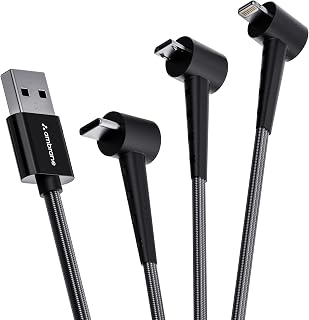 Ambrane 3 in 1 Type C, Lightning and Micro USB Standing Cable Makes Binge-Watching Easy, Compatible with iPhone, Micro USB, Type C Devices, PD Technology, 3A Fast Charging (Trio-S10, Black, 1m)