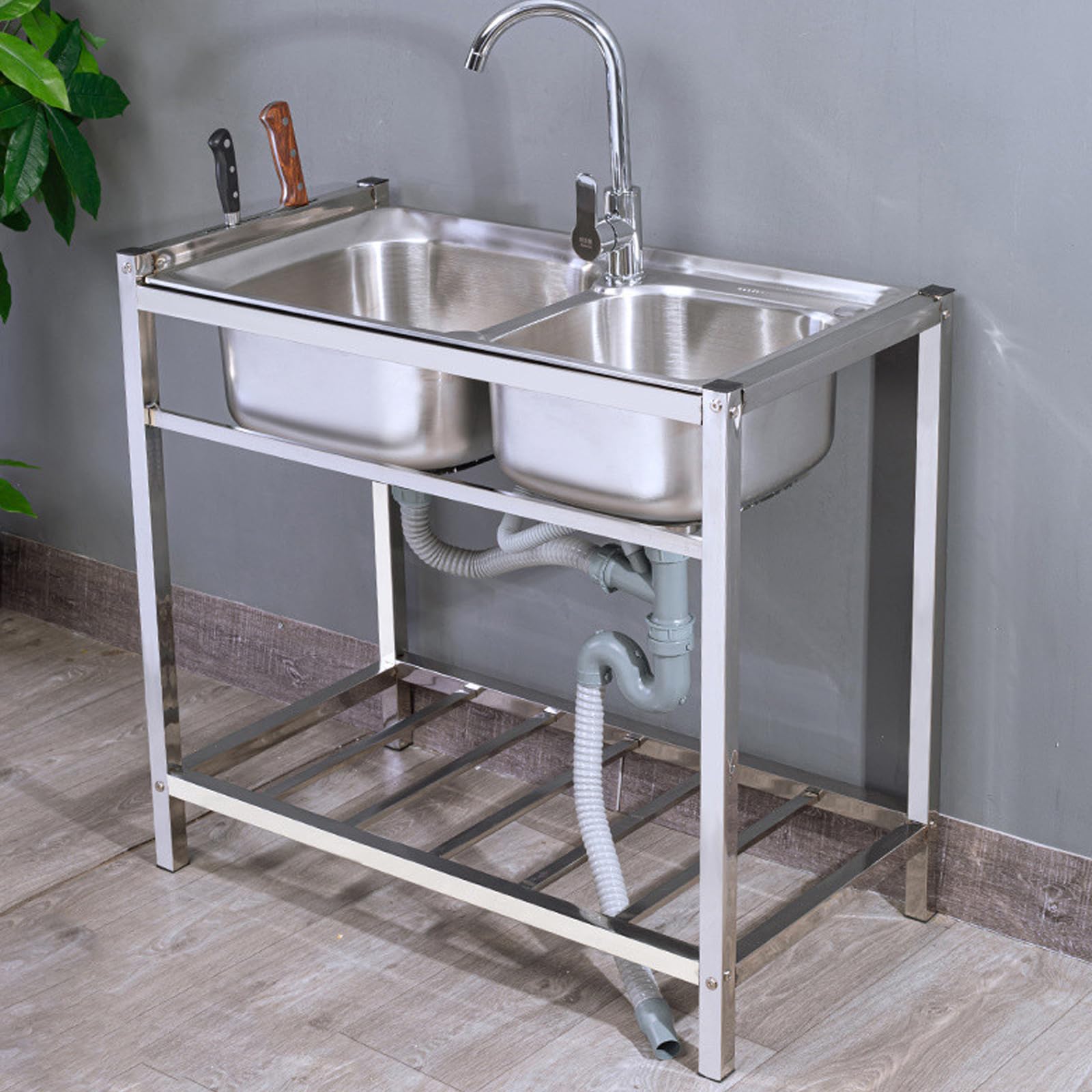 Évier d'extérieur double cuve en acier inoxydable avec support de rangement inférieur stable