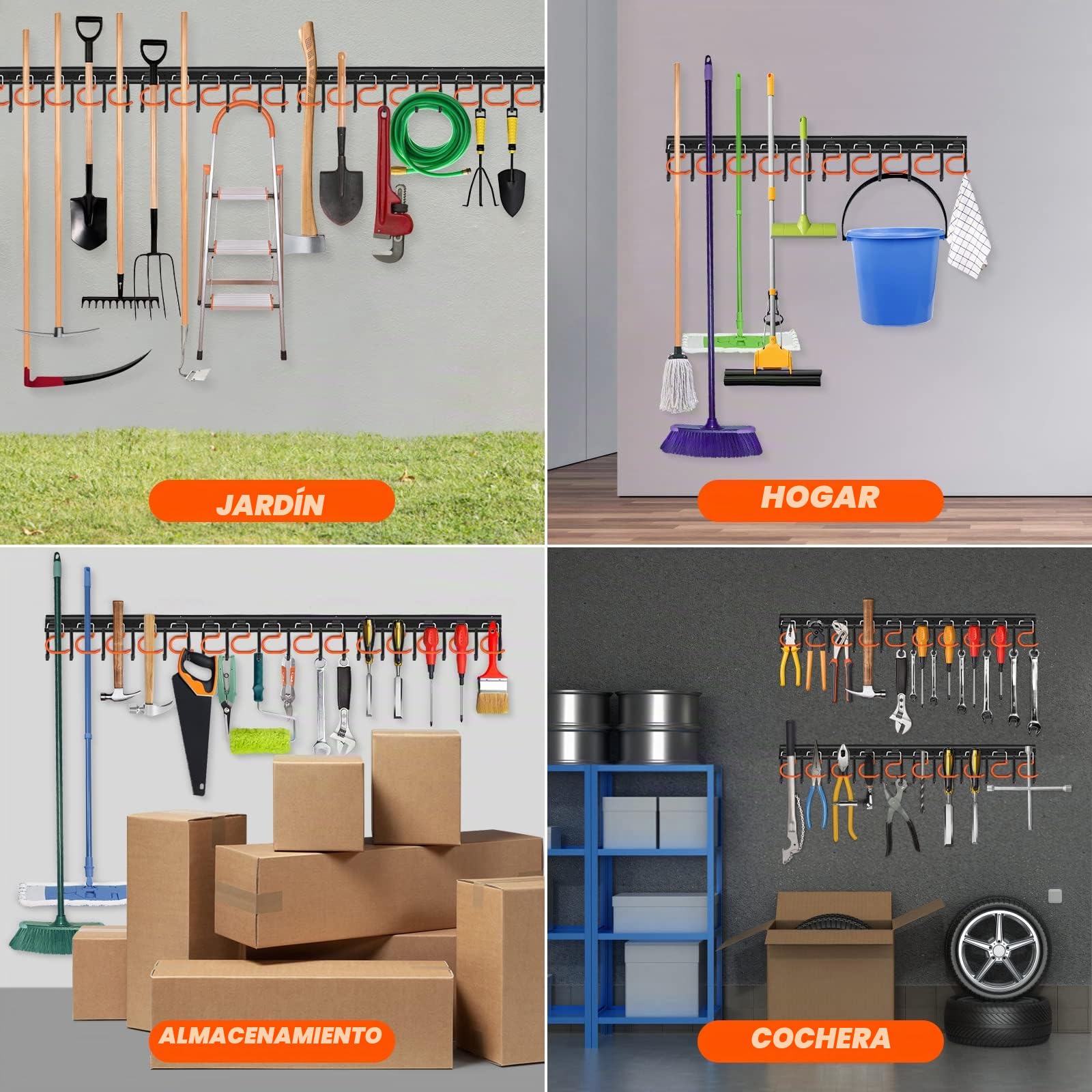 TVKB Organizador de herramientas de jardín de metal de 68 pulgadas, organizador de herramientas de garaje ajustable para montaje en pared, organizadores de garaje y almacenamiento con ganchos