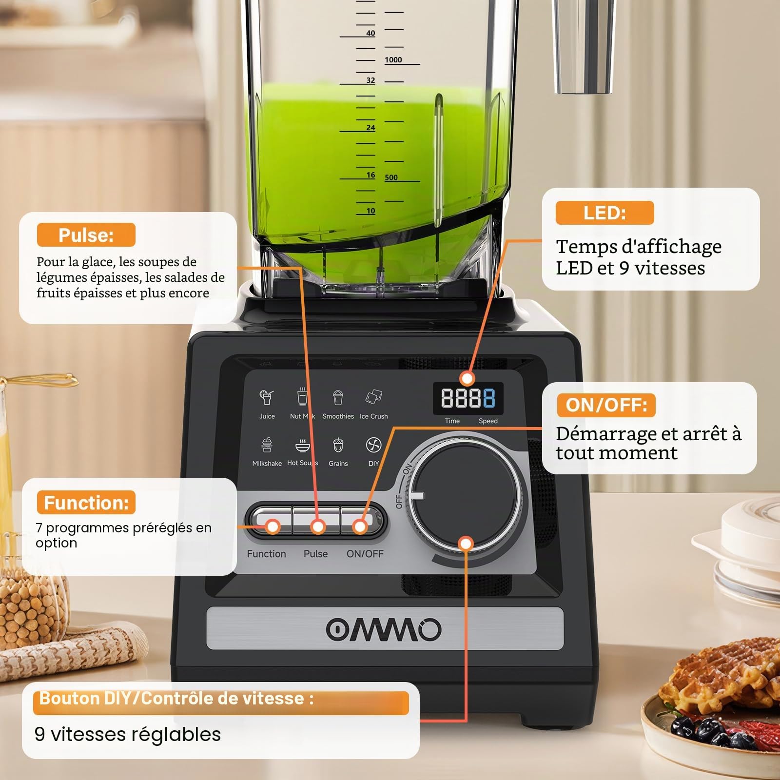 OMMO 2L Mixeur Blender Professionnel, 1800W Smoothie Mixer avec 9 Contrôles de Vitesse Pour la Glace Pilée, Shakes, Boissons Congelées et Fruits, Sans BPA