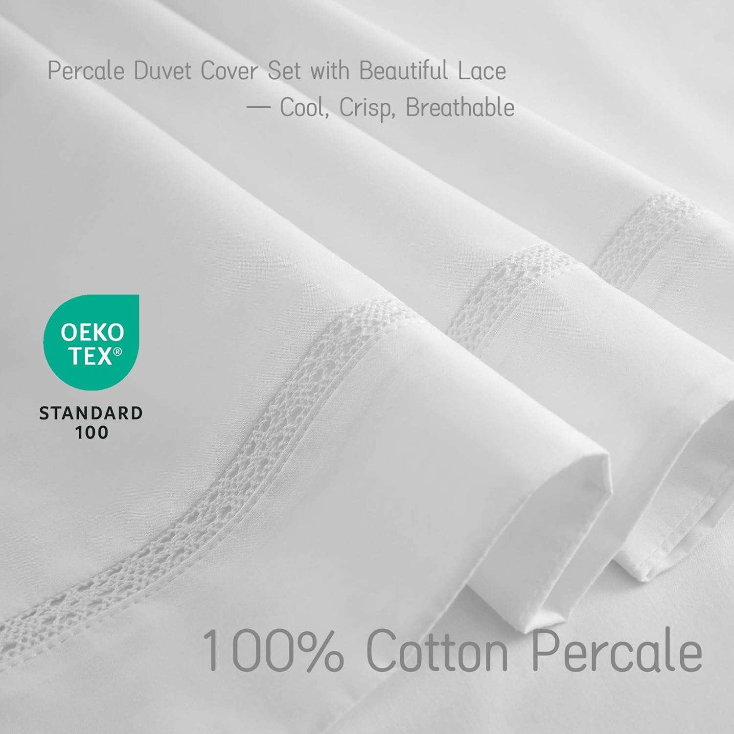 White Cotton Duvet Cover King Size, 100% Cotton Duvet Cover with Lace, Percale Fabric with Crisp Lightweight Breathable Bedding, Zipper Closure & Corner Ties, 104x90 Inches