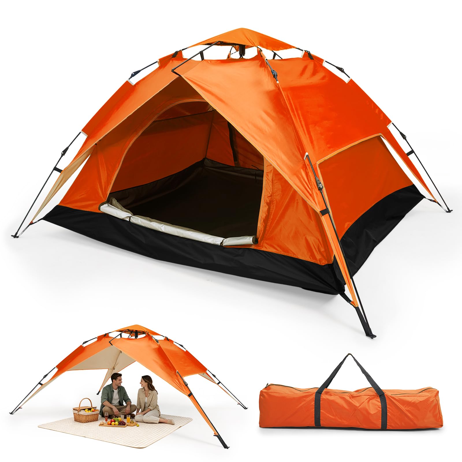 Warmiehomy Pop Up Tent 2-3 Person, Automatic Instant Setup Camping Tent with Detachable Outer Tent, Double Layer Waterproof Dome Tent for Outdoor Hiking, Backpacking & Picnic, Orange