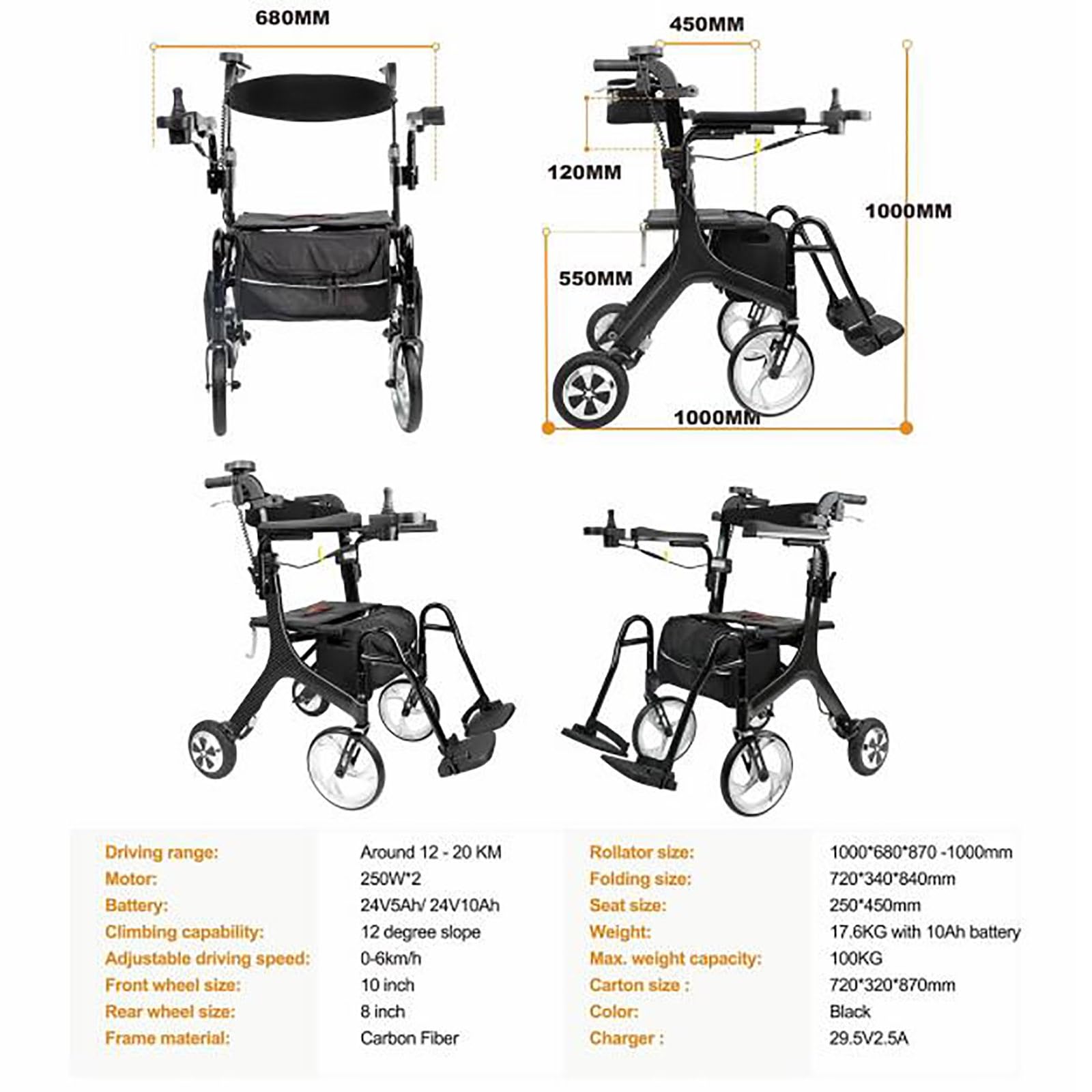 Rollator elettrico di azionamento del deambulatore di potere, carrello elettrico pieghevole della sedia a rotelle anziana della sedia a rotelle leggera della batteria del litio per l'anziano