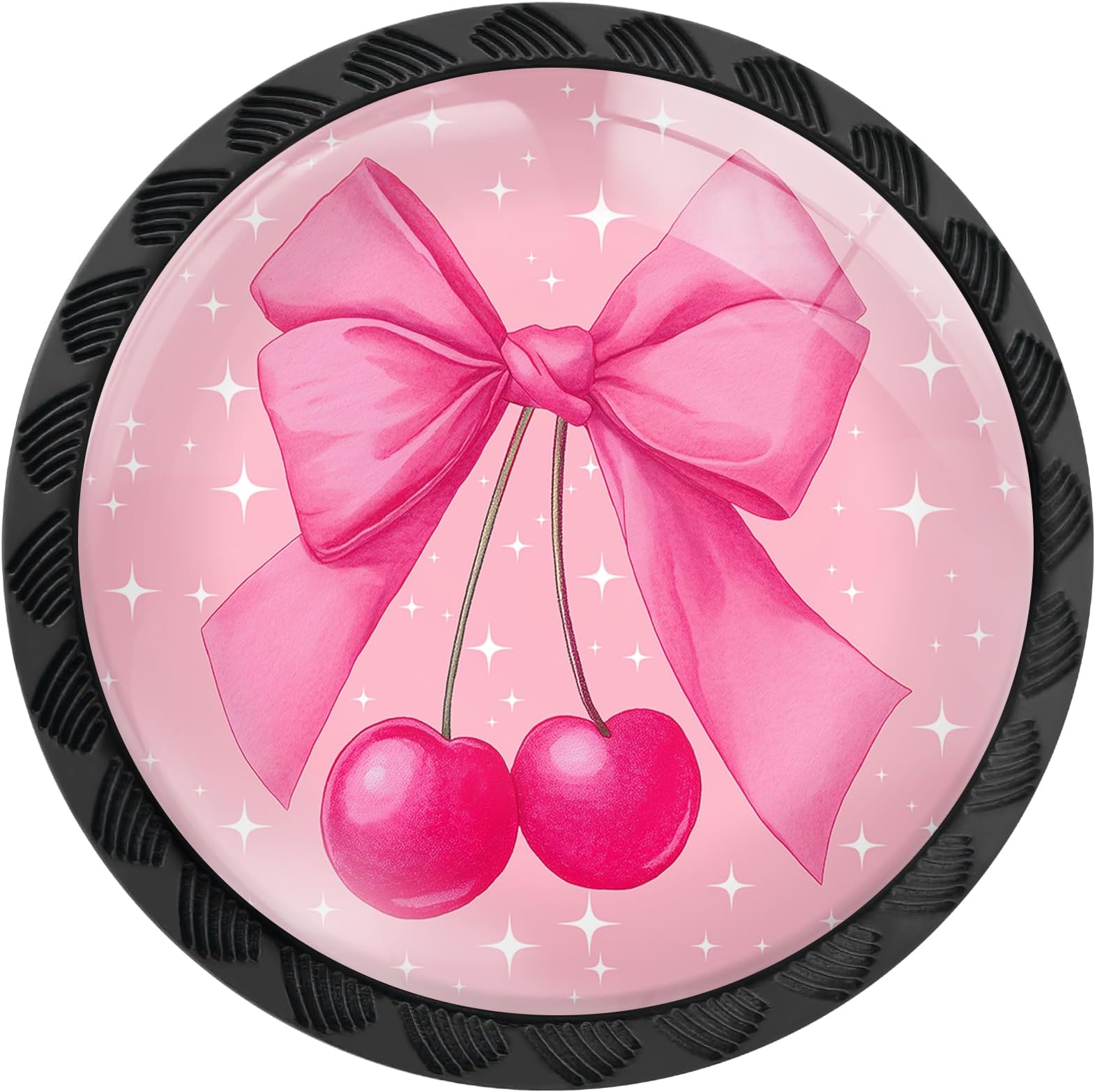 4 Pack Pink Coquette Bow Cherries Cabinet Knobs Round Drawer Pulls Black Dresser Knob Cupboard Door Handles Hardware for Kitchen Bathroom Cabinets