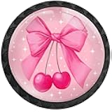 Artinhand 4 Pack Pink Coquette Bow Cherries Cabinet Knobs Round Drawer Pulls Black Dresser Knob Cupboard Door Handles Hardware for Kitchen Bathroom Cabinets