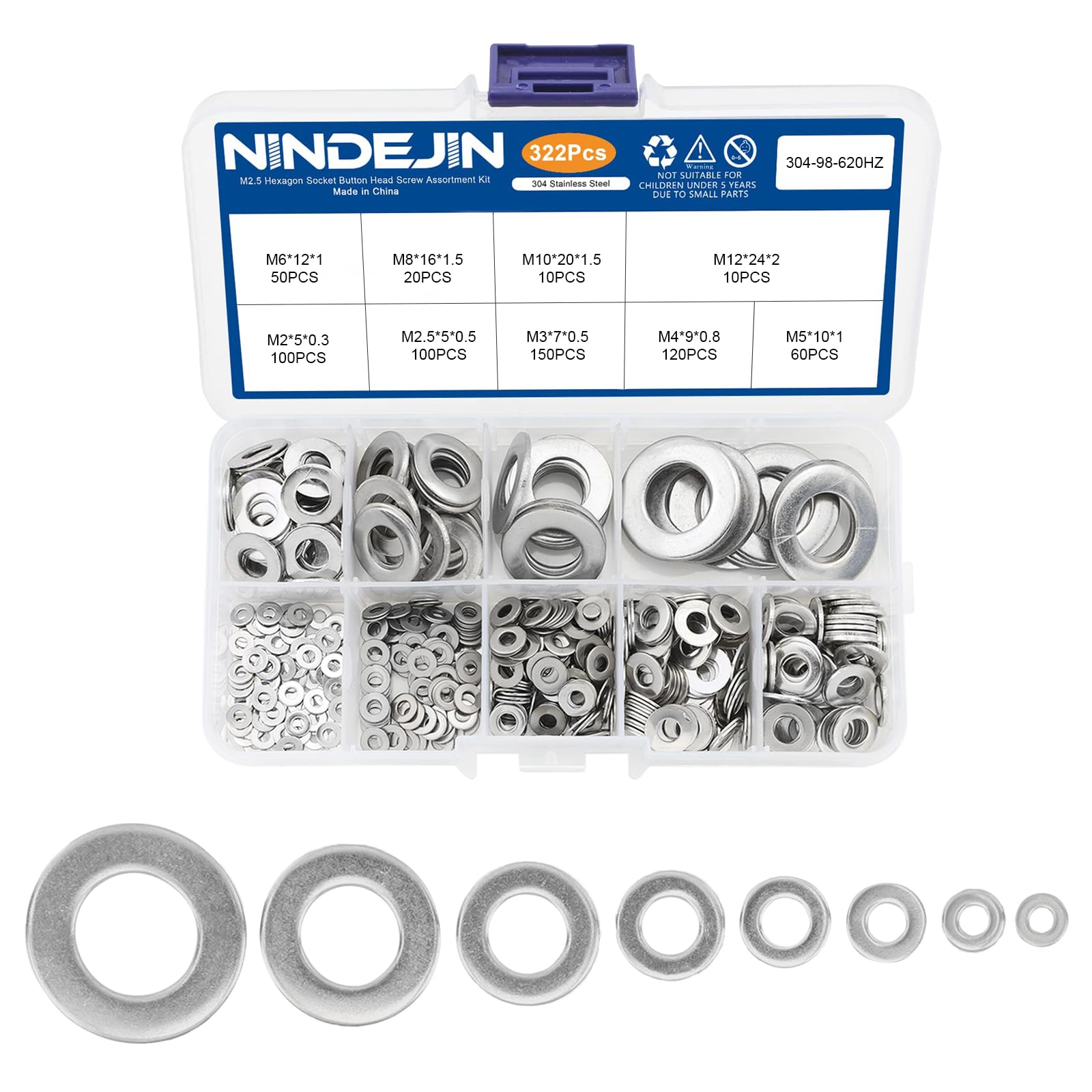 NINDEJIN 620Pcs Assorted Washers for Screws 304 Stainless Steel Flat Washer for Bolt 9 Sizes Metric Washers Metal Washer Assortment Kit