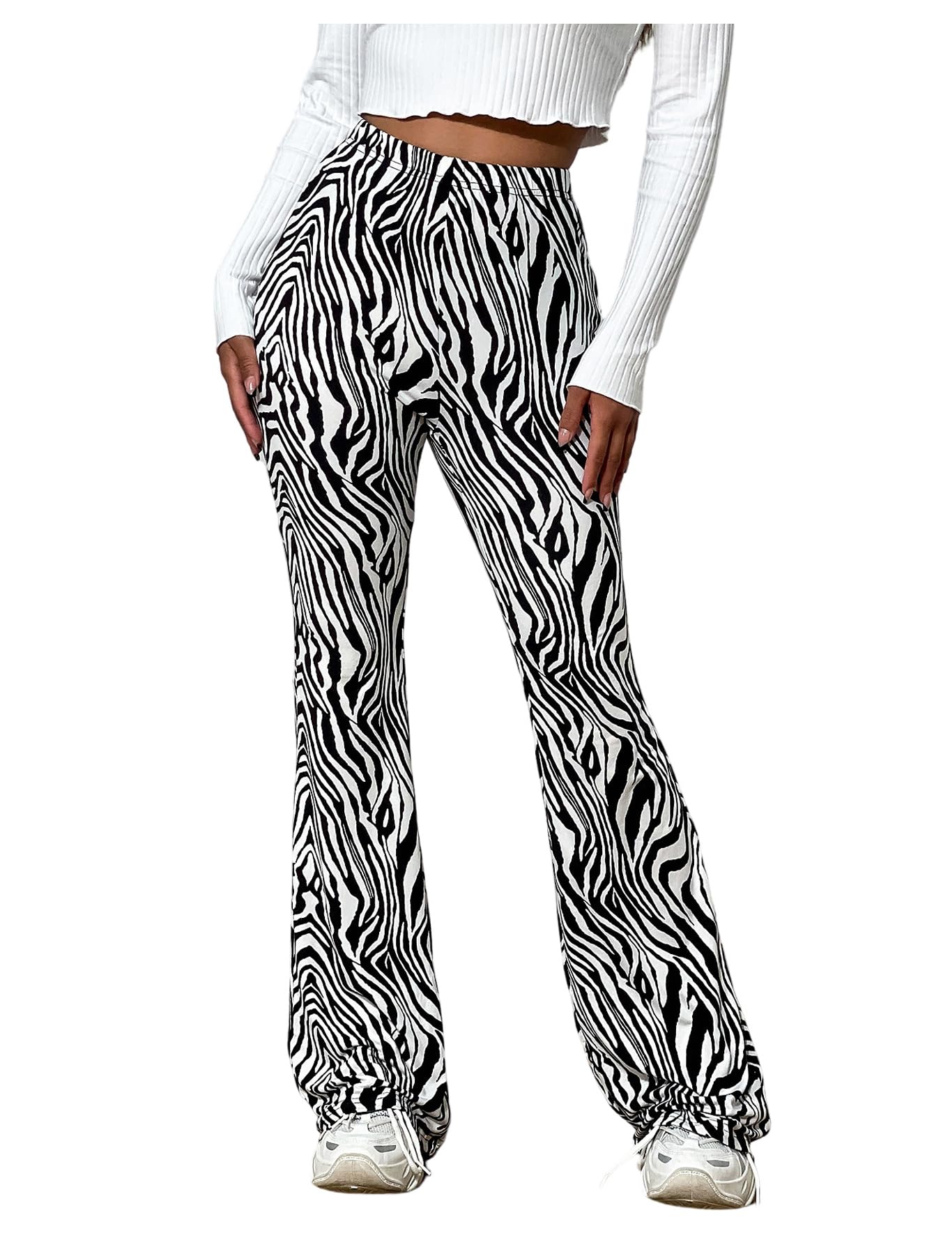 SOLY HUX Womens Zebra Striped Flare Leg Pants Elastic High Waisted Casual Long Pants Trousers