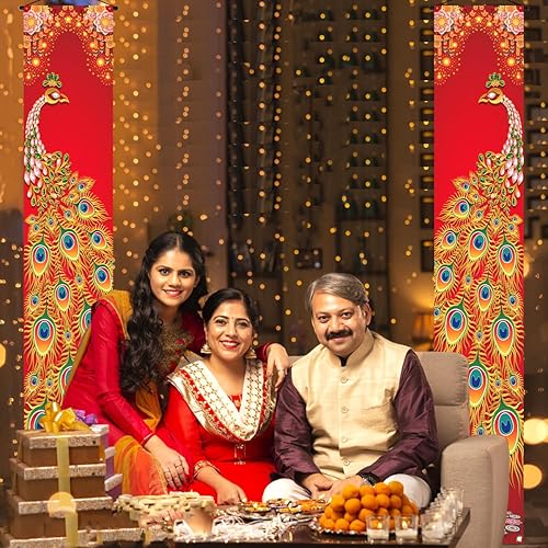 Miniatura 5 de Nepnuser Cartel de feliz Diwali para porche, pavo real, festival indio de luces, decoración de fiesta, letrero de bienvenida hindú Deepavali para