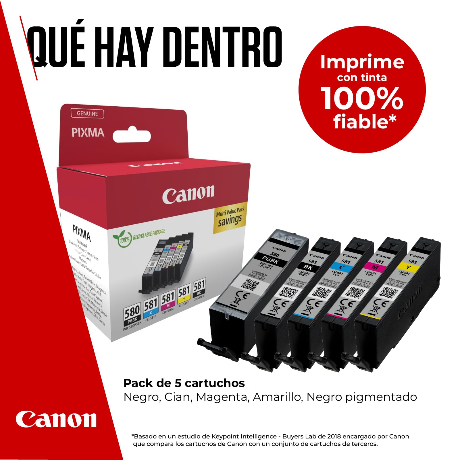 Canon PGI-580 + CLI-581, Cartuchos de Tinta Original, 5 Cartuchos de Tinta Independientes, 2 Color Negro y 3 Color Amarillo, Magenta y Cian, Compatible con Impresoras de Inyección de Tinta PIXMA