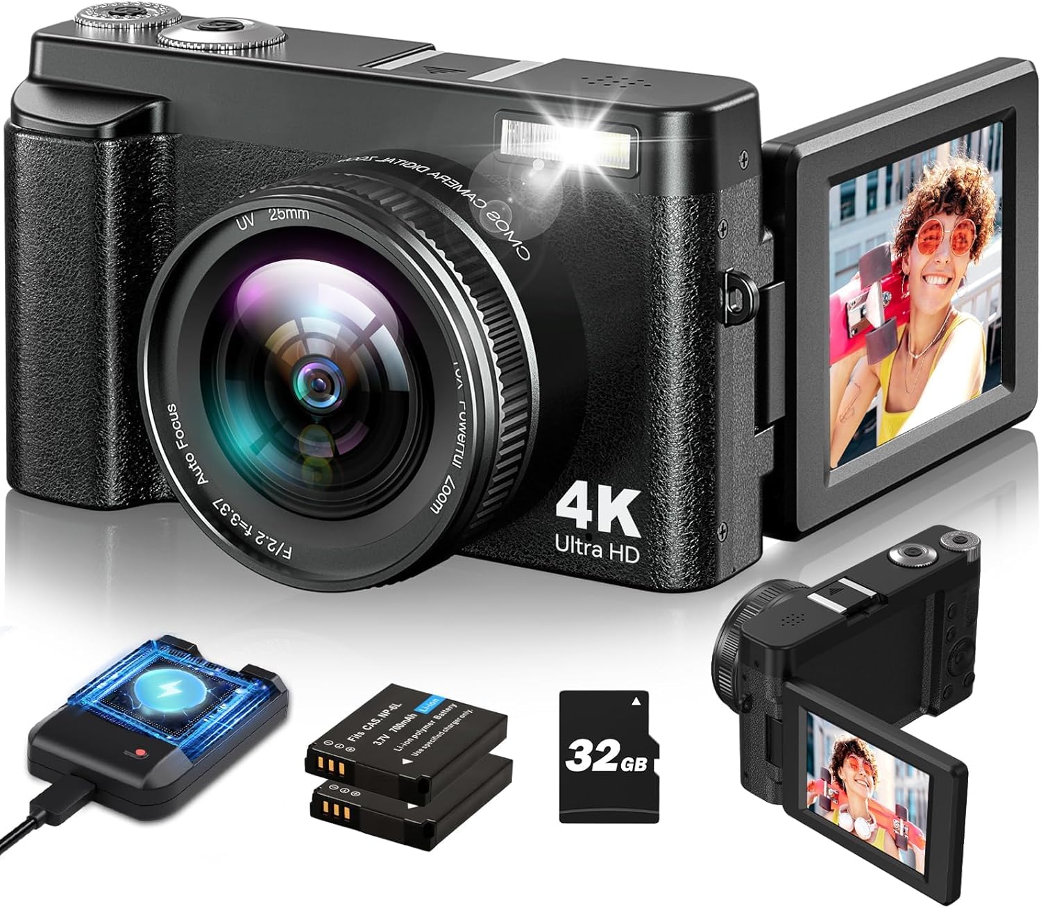 Cámara de Fotos, Cámara Digital 4K con Selfie 48MP 16X Zoom Antivibración con Enfoque Automático, Flash Incorporado Recargable Camara con 2 baterías, 1 Cargador de batería, 1 Micro SD de 32 GB