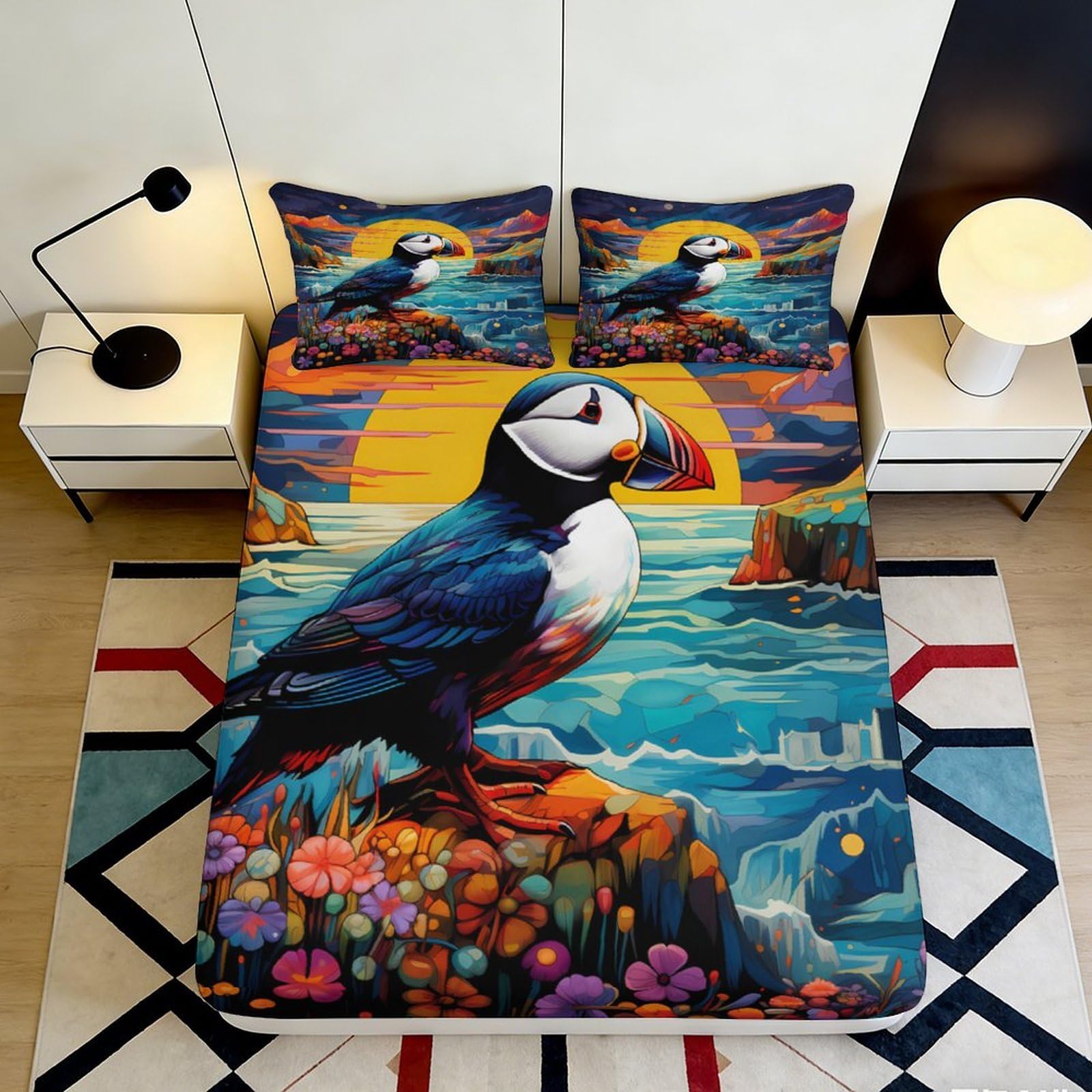 3D Printed Puffin Sunset Fitted Sheet Microfiber Soft Non-Slip Seaside Flowers Mattress Cover Bedroom Decor 90x200x25cm