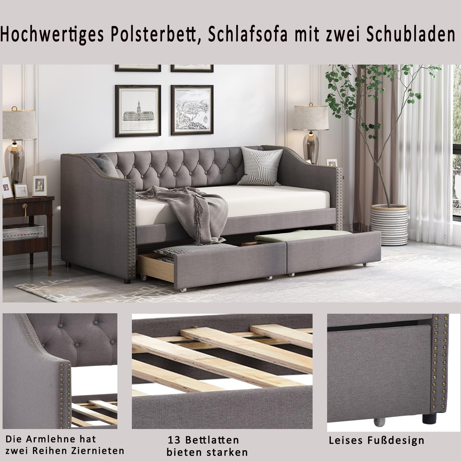 Polsterbett Kinderbett 90X200, Schlafsofa Mit Zwei Herausnehmbaren Schubladen, Strapazierfähiger Leinenstoff Tagesbett Grau