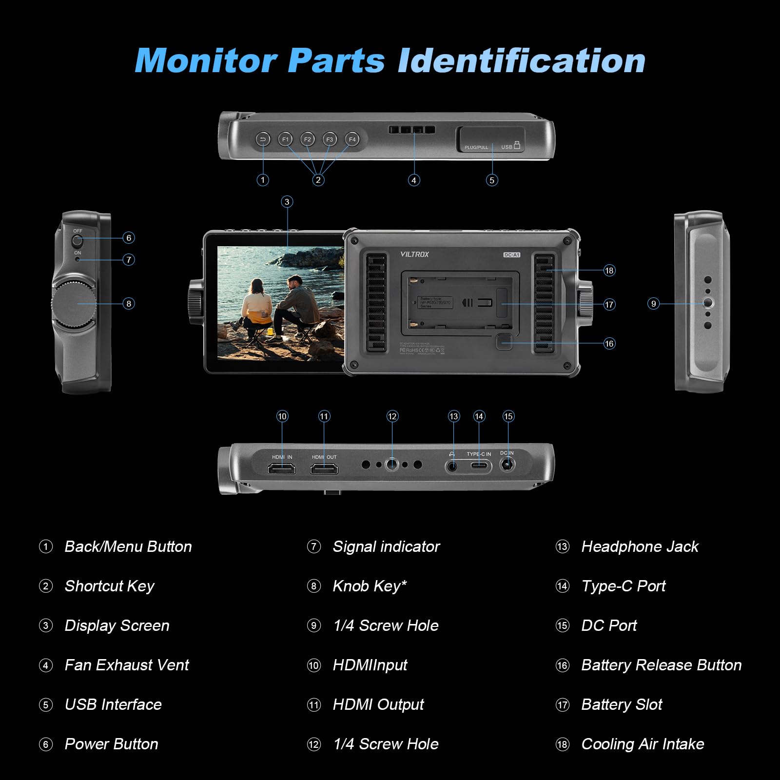 VILTROX DC-A1 Monitor da Campo per Fotocamera Schermo Tattile Esterno Camera Monitor 2800Nits Ad Alta Luminosità 7 Pollici 1920x1080 3D LUT con Ventola,Batteria,Parasole per Sony Canon Nikon Fuji DSLR