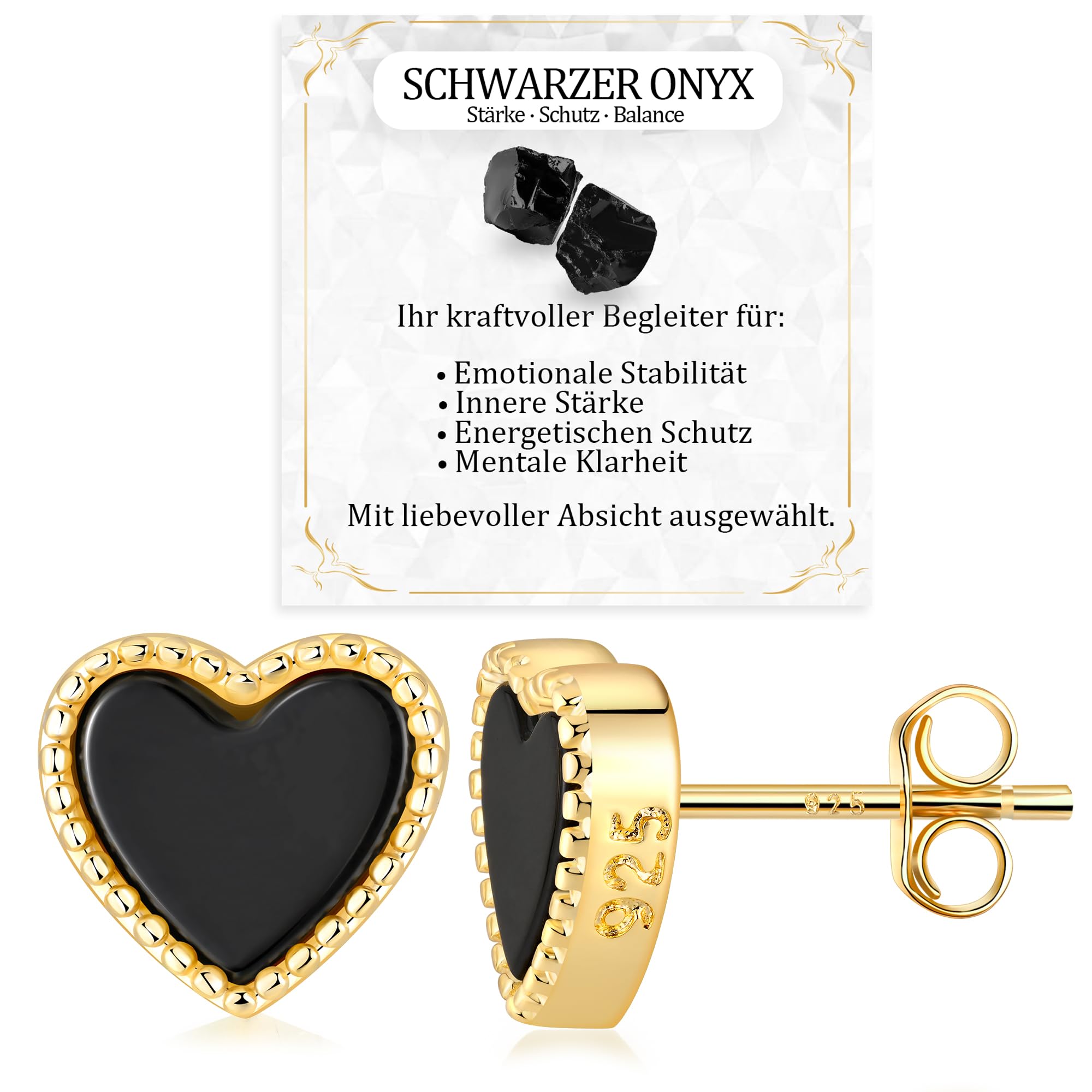 JANDY SHINE Herz Weiße Perlmutt/Schwarzer Onyx Ohrringe für Damen 925 Sterling Silber Hypoallergene Natürlicher Edelstein Ohrstecker