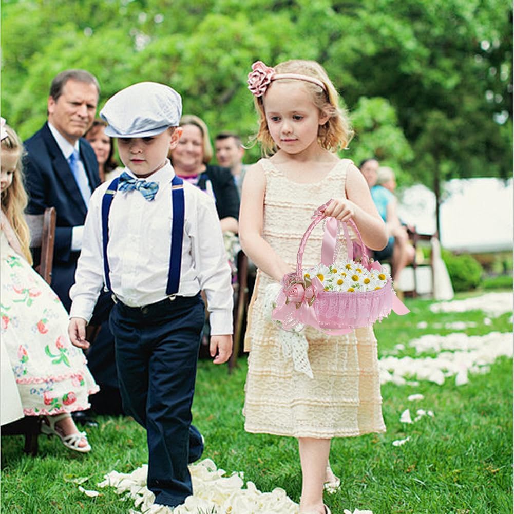 2 Pcs Flower Girl Baskets with Satin Bowknot and Pearl,Small Size White Wedding Flower Basket with Handle,Blue Pink Wedding Baskets for Flower Girls,Party Decorative Flower Basket (pink, 10 In)