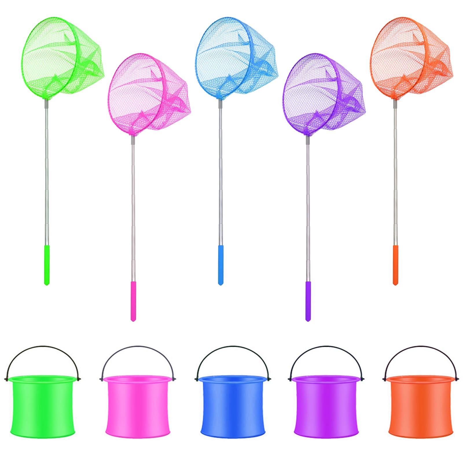 BEELUKY Pack of 5 Telescopic Landing Net Children with 5 Foldable Buckets Extendable Butterfly Net Keeper Sieve Children's Bug for Catching Insects Fish Outdoor (5 Colours)