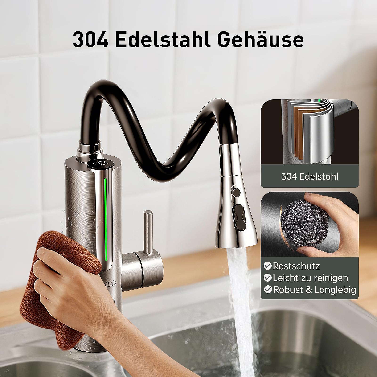 Lovelink Edelstahl Wasserhahn mit Durchlauferhitzer Touch-Temperaturregelung 360° Flexibler Schlauch Farbadaptiv LED Licht Elektrischer Durchlauferhitzer Wasserhahn für Küche/Bad/Balkon (Silber)