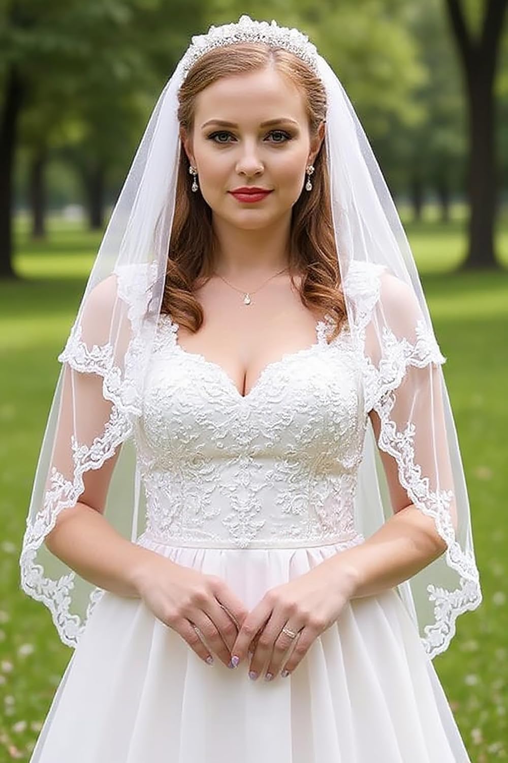 MisShow Women's 2 Tier Lace Wedding Bridal Veil with Comb Soft Tulle Mantilla Veils for Church White