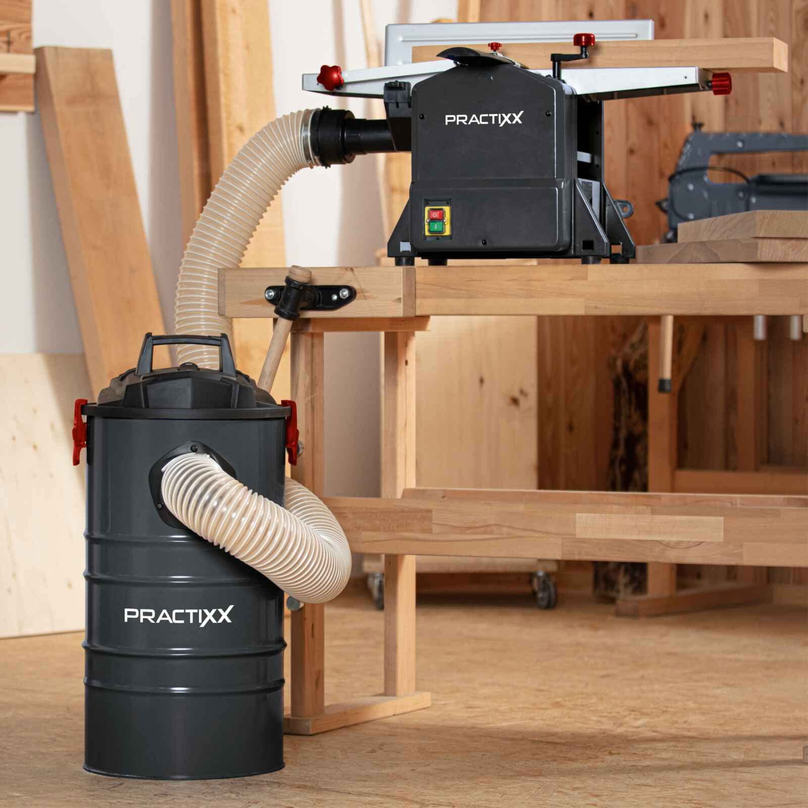 Practixx Absauganlage PX-AS-100 Werkstattsauger | Leistung 1200W | Luftleistung 215 m³/h | 65L Füllmenge Metallbehälter | 2m Schlauch Ø100mm | inkl. Filterpatrone, 4 TLG. Adapterset & 6 Papierfilter