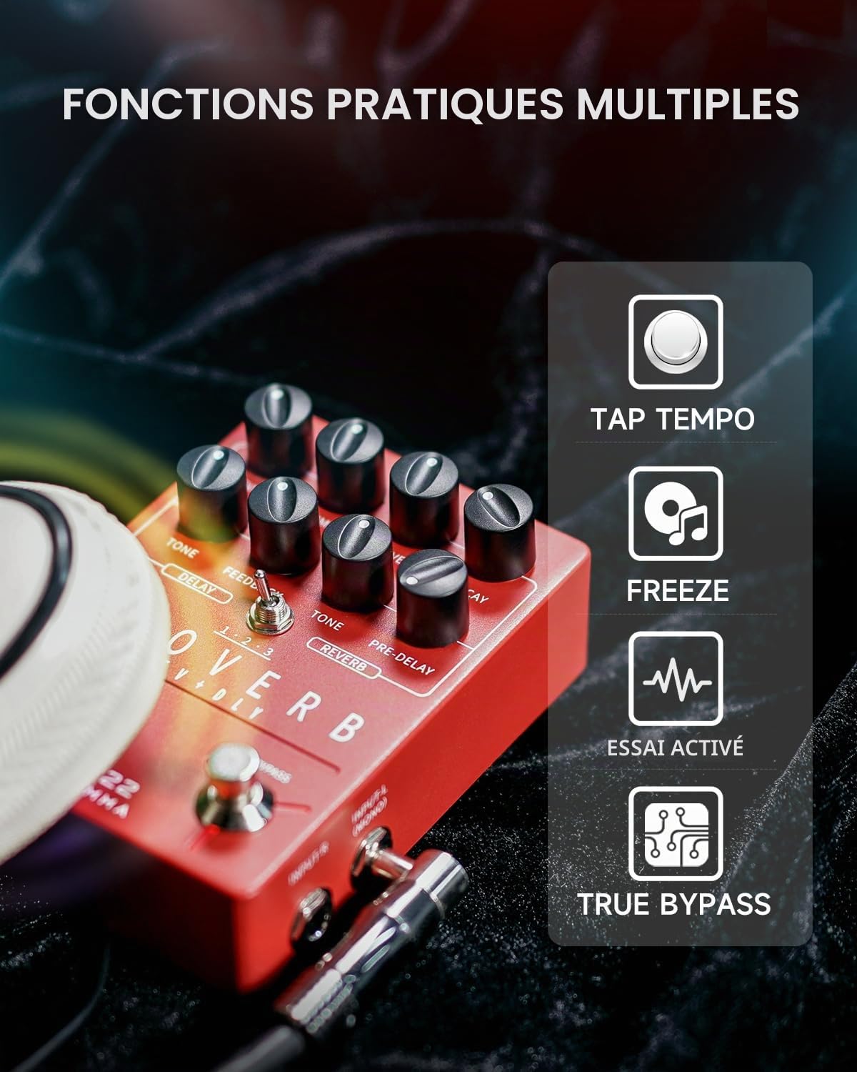 FLAMMA FS22 Pédale d'effets combo de retard et de réverbération stéréo pour guitare d'ambiance avec 3 paires d'effets combinés Reverse Delay Shimmer Reverb Tap Tempo Freeze Trail On