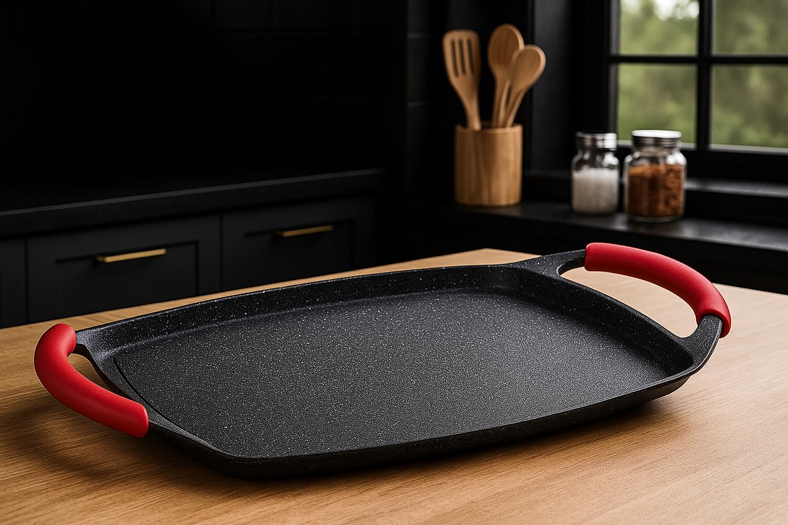 MGE - Plancha Grill - Parrilla de Cocina con Revestimiento de Piedra - Plancha de Asar para Arepas - Bandeja Asadora de Aluminio con Revestimiento Antiadherente - Budare - 47 x 29 cm