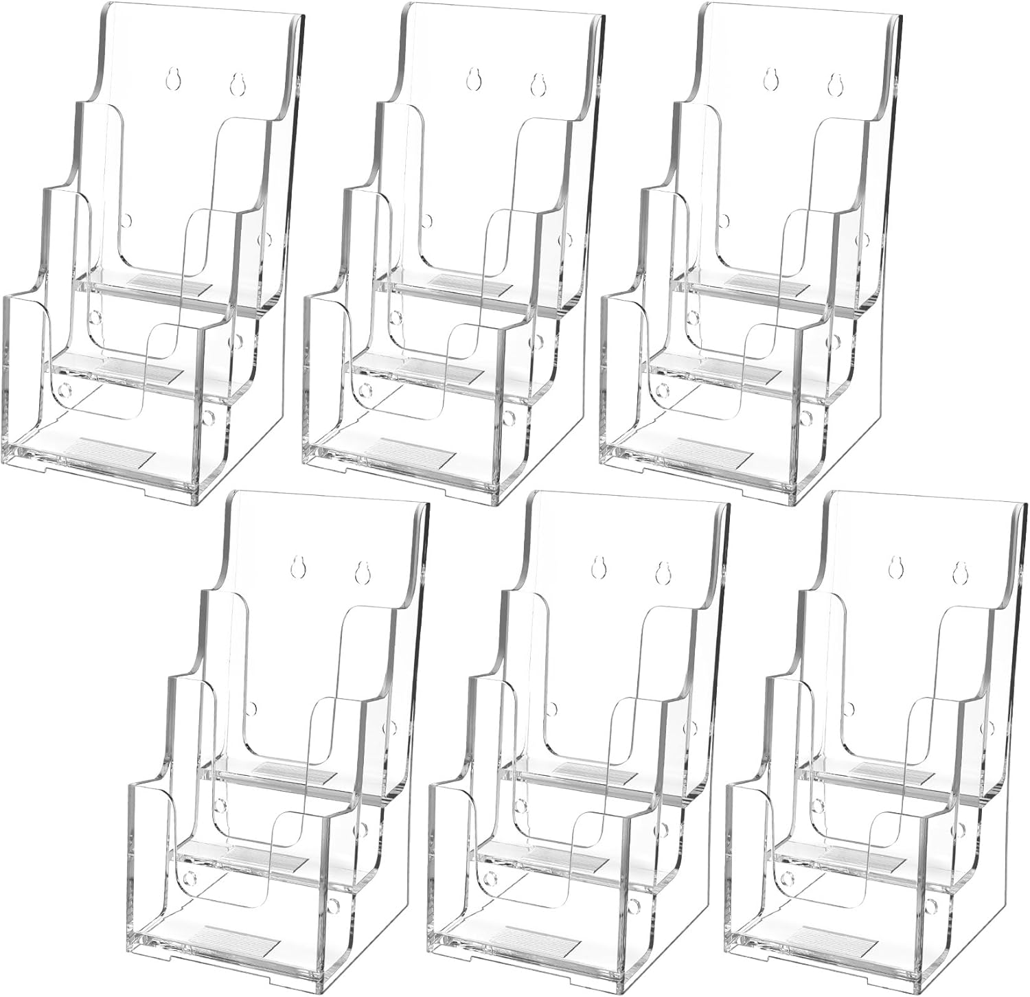 maxgear acrylic brochure holder, 4 inch wide 3 tier literature display stand, clear premium acrylic pamphlet holder, multi pocket wall mount or countertop organizer, office or home use, 6 pack