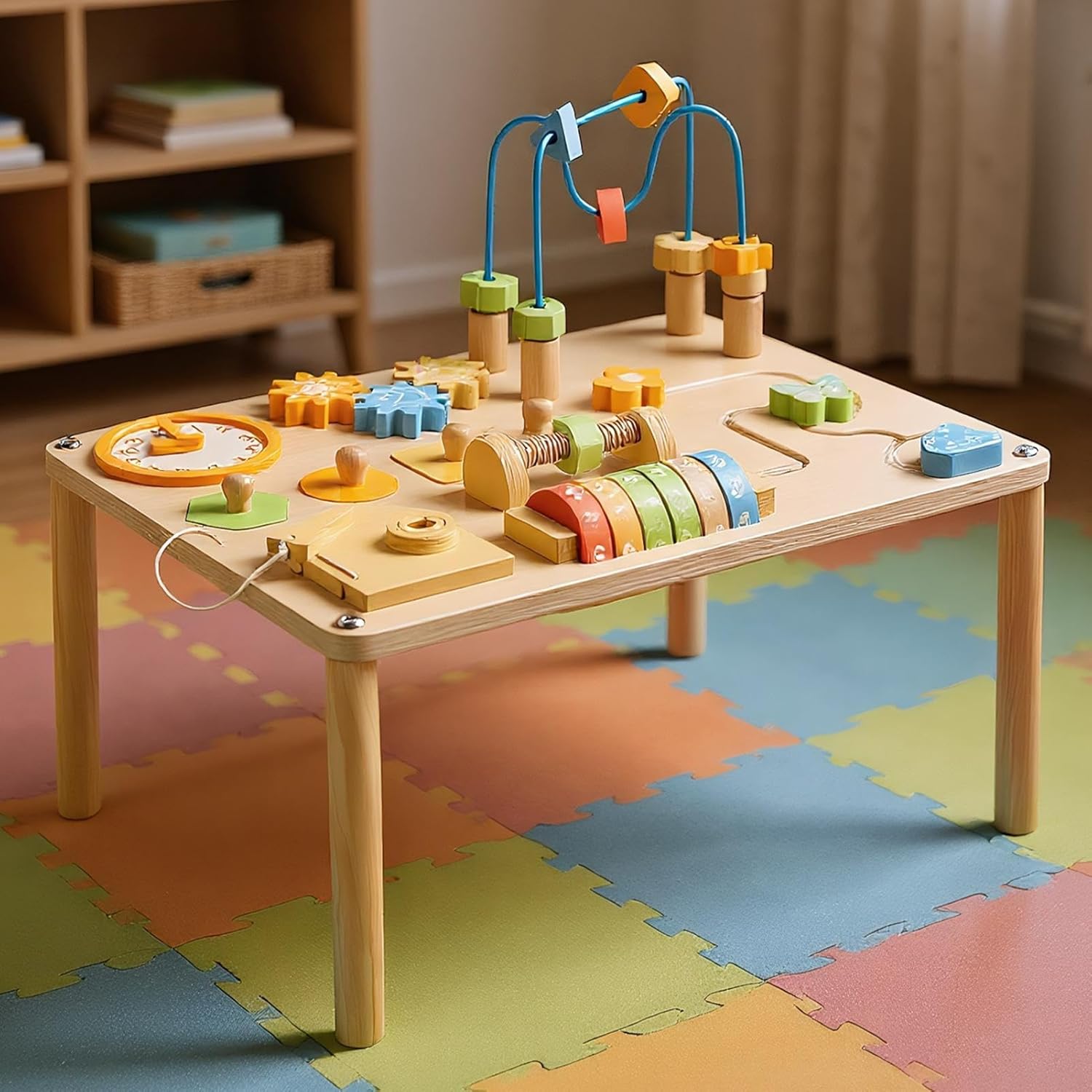 Wezalget キッズ アクティビティ テーブル - 知育玩具 五感発達テーブル,木製知育玩具 ビーズコースと形合わせ付き 保育園